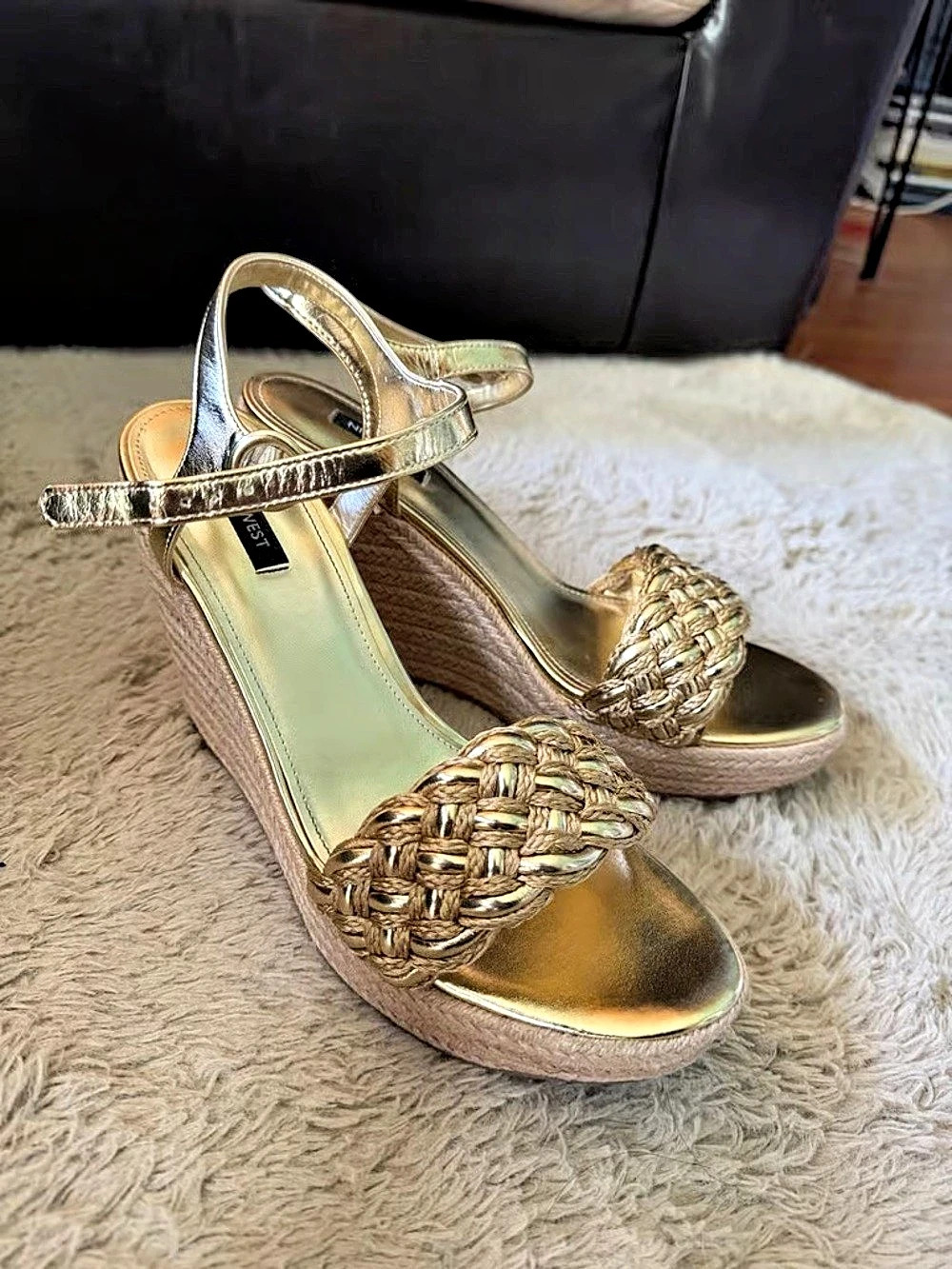 Nine West Braided Wedge Sandals in Gold & Pink